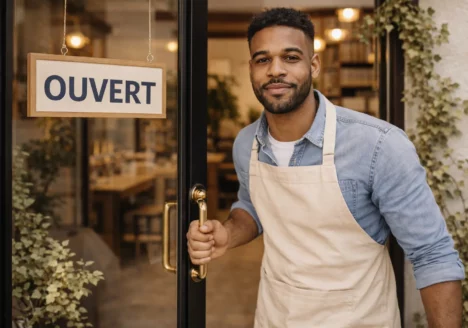 Ouvrir un restaurant : Photo d'un homme souriant qui vient d'ouvrir son restaurant à Marseille