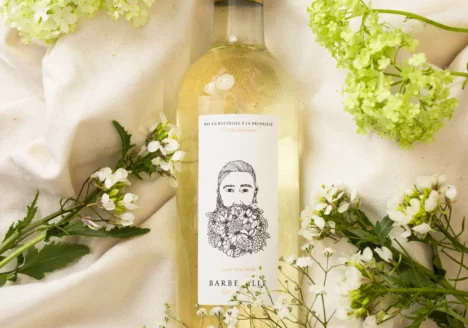 Vin blanc Vins Fleuris du Château Barbebelle entouré de fleurs blanches dans une mise en scène printanière